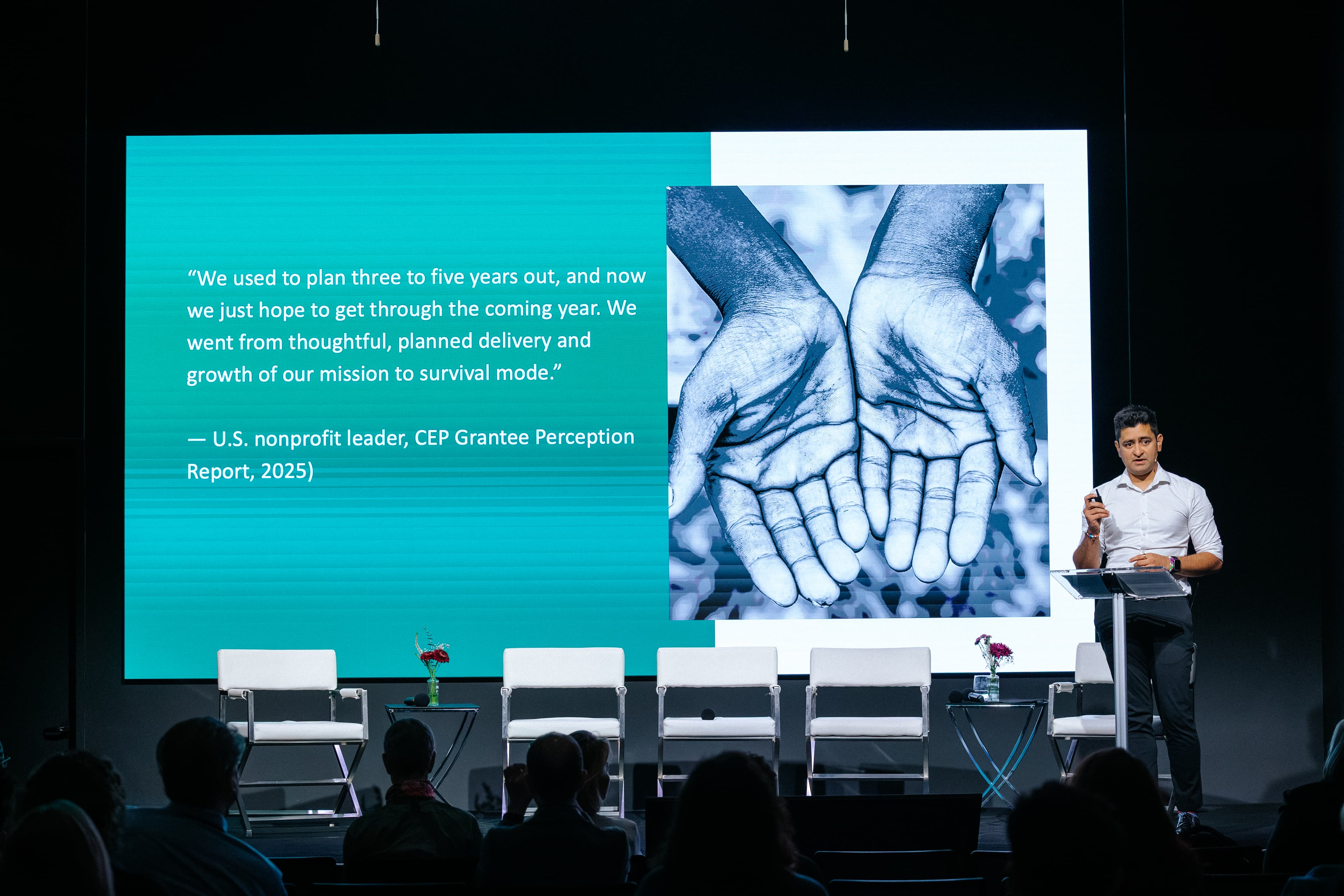 Presenting on the nonprofit starvation cycle — CEP Grantee Perception Report 2025